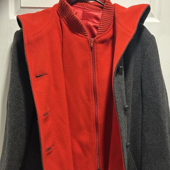 Authentic Mackintosh Vest Coat Hooded  100% Wool Dark Gray Red Women's Size 10 - Picture 2 of 10